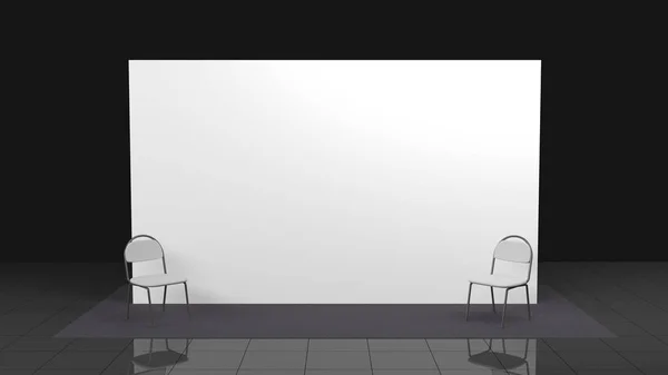 Muro de prensa de billetera con banner en blanco de 3x5 metros y sillas. stand de la feria comercial móvil blanco y blanco. 3d renderizado aislado sobre fondo blanco. Alta resolución — Foto de Stock