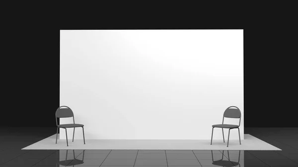 Muro de prensa de billetera con banner en blanco de 3x5 metros y sillas. stand de la feria comercial móvil blanco y blanco. 3d renderizado aislado sobre fondo blanco. Alta resolución —  Fotos de Stock