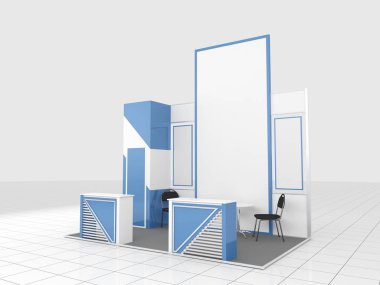 Ticaret Fuarı stand 3 x 4 metre üretim tesisi ile. 3D render illüstrasyon. Şablon, mockup sizin için