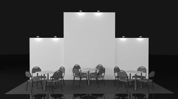 Diseño de stand de exposición creativa en blanco con formas de color. Plantilla de cabina. Marcas corporativas e identidad corporativa. 3D —  Fotos de Stock