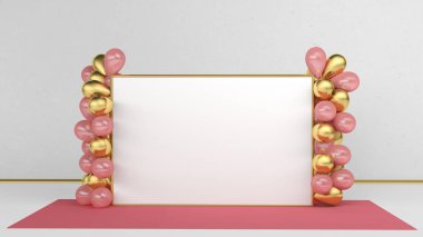 Düğün parti zemin afiş pembe ve altın balonlar ile 2 x 3 metre. Şablon Pop Up. 3D render mockup