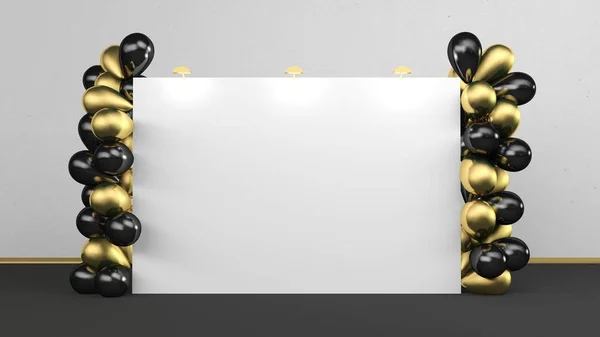 Wedding party backdrop banner 2x3 meters with black and golden balloons. Pop Up template. 3d render mockup