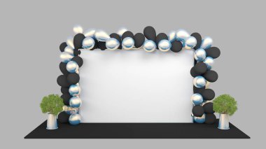 Düğün parti zemin afiş kırmızı ve gümüş balonlar ile 2 x 3 metre. Şablon Pop Up. 3D render mockup tasarım için