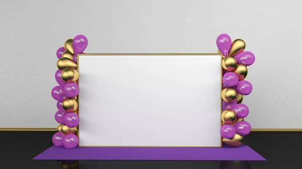 Wedding party backdrop banner 2x3 meters with violet and golden balloons. Pop Up template. 3d render mockup for you