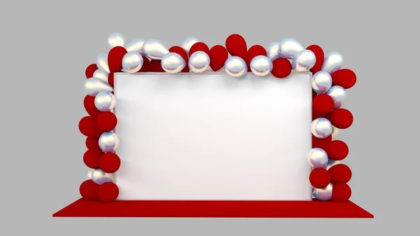 Bandiera di festa di nozze 2x3 metri con palloncini viola e argento. Modello pop-up. Mockup di rendering 3d — Foto Stock