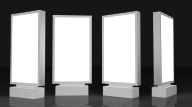 Açık Hava Reklam Işıklı arka aydınlatmalı standı afiş metal panel görüntüler. Rolling Poster Display 3d İllüstrasyon. Reklam Sektörü Nesnesi.