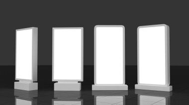 Açık Hava Reklam Işıklı arka aydınlatmalı standı afiş metal panel görüntüler. Rolling Poster Display 3d İllüstrasyon. Reklam Sektörü Nesnesi.