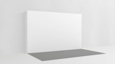 Beyaz arka plan 3x5 metre odada, duvarında gri boya var. 3D canlandırma modeli. Şablon