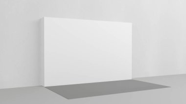 Beyaz arka plan 3x5 metre odada, duvarında gri boya var. 3D canlandırma modeli. Şablon