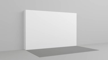 Beyaz arka plan 3x5 metre odada, duvarında gri boya var. 3D canlandırma modeli. Şablon