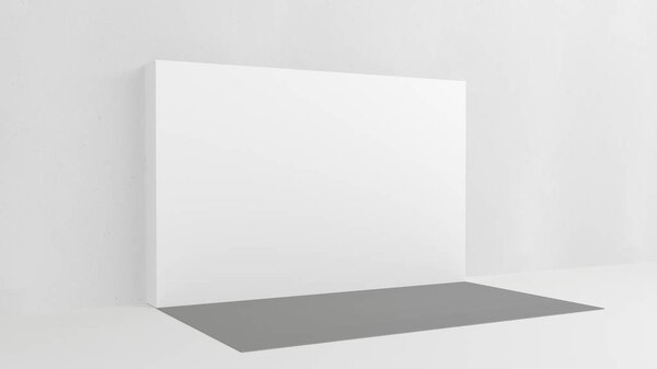 White backdrop 3x5 meters in room with grey paint on wall. 3d render mockup. Template for your design