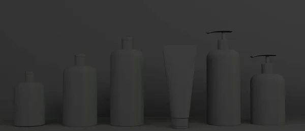 3d визуализировать макет косметического набора для ухода за волосами кожи. Черные пластиковые бутылки и трубки с черными колпачками в ряд на белом фоне. Брендинг. — стоковое фото