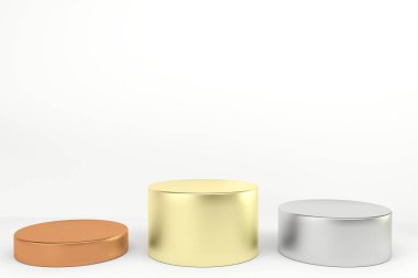 Bronz, gümüş ve altından yapılmış farklı yüksekliklere sahip silindirlerden oluşan 3 boyutlu bir podyum.