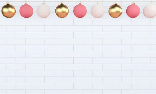 Christmas red and golden balls on white brick wall holiday background. illustration — Stock Photo, Image