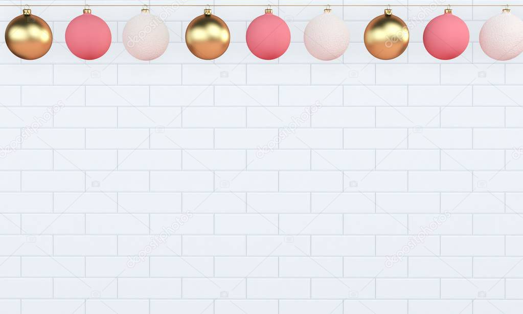 Christmas red and golden balls on white brick wall holiday background. illustration