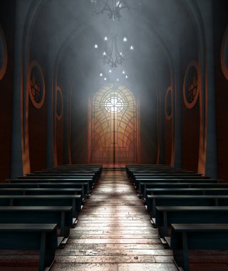 Bir haç - 3d render desende bir cam pencereden Penetran güneş ışınları tarafından karanlık bir büyük kilise iç yaktı