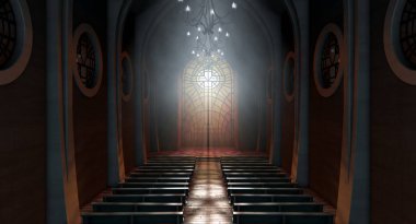 Bir haç - 3d render desende bir cam pencereden Penetran güneş ışınları tarafından karanlık bir büyük kilise iç yaktı