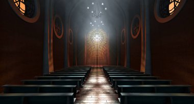 A dark grand church interior lit by suns rays penetrating through a glass window in the pattern of a crucifix - 3D render clipart