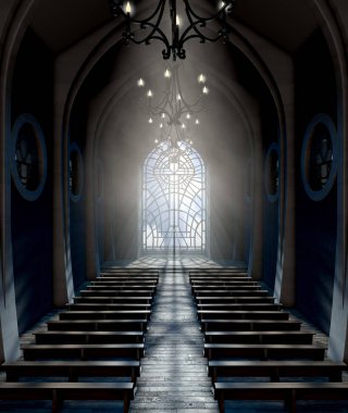 Bir haç - 3d render desende bir cam pencereden Penetran güneş ışınları tarafından karanlık bir büyük kilise iç yaktı