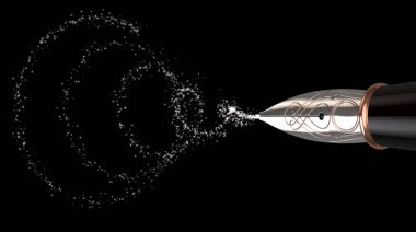 A closeup view of an ornate metal nib of an old fountain pen drawing a spiral shape of sparkles in the air - 3D render clipart