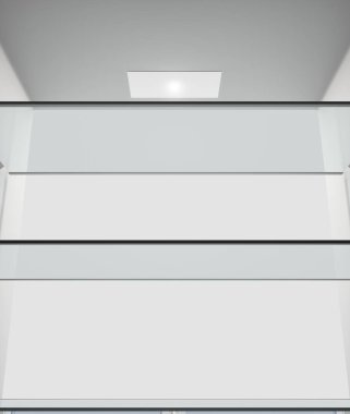 Bir görünüm içinde boş bir ev buzdolabı veya açık kapı - 3d render bakarak derin dondurucu