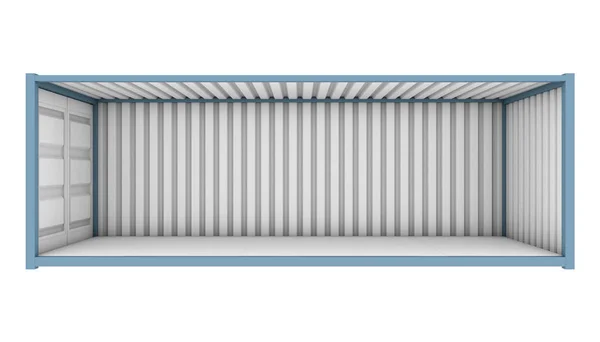 一个蓝色的运输集装箱与整个侧面面板删除揭示一个空的内部在一个孤立的白色背景 — 图库照片