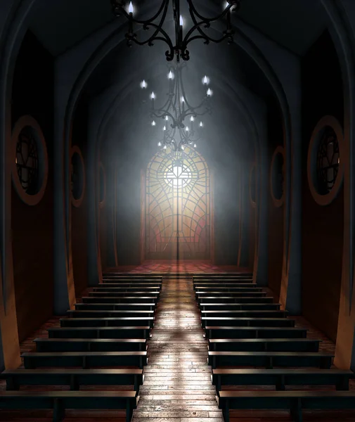 Темний Грандіозний Церковний Інтер Освітлений Сонячними Променями Проникає Через Скляне — стокове фото