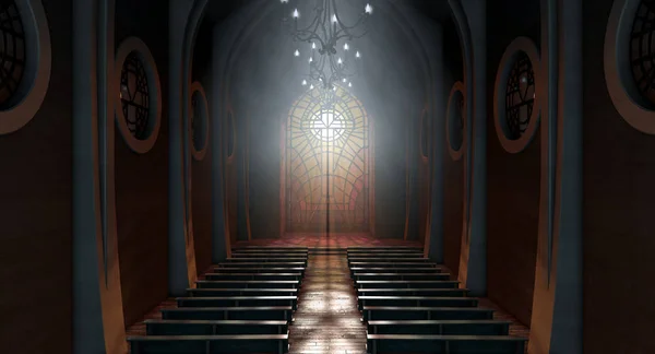 Sötét Grand Templom Belső Megvilágított Napok Sugarak Áthatoló Egy Üvegablak — Stock Fotó