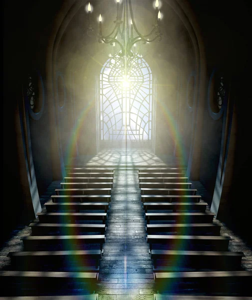 十字架 レンダリングのパターンにガラス窓を貫通太陽光線に照らされて暗いグランド教会内部 — ストック写真