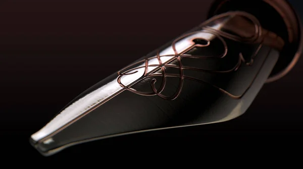 Closeup Metal Nib Ornate Intricate Fountain Pen Rose Gold Inlays — Stock Photo, Image