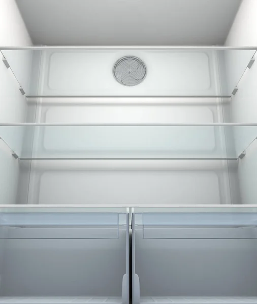 A view inside an empty household fridge or freezer with glass shelves and drawers - 3D render
