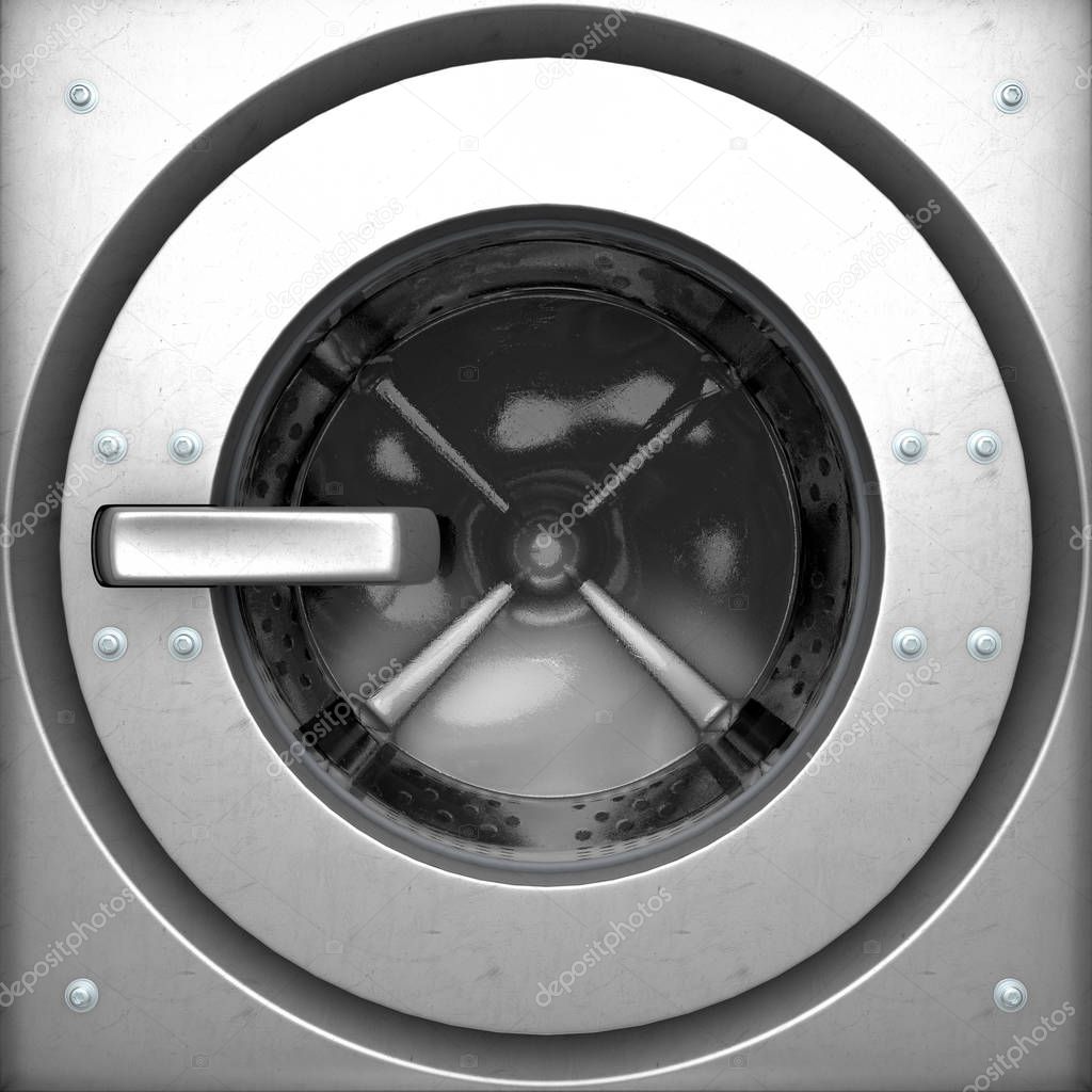 A closeup from the outside of an industrial washing machine looking inwards towards the closed door and empty drum - 3D render