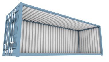 Mavi nakliye konteyner izole bir beyaz boş bir iç açığa çıkarmak tüm yan panel ile arka plan - 3d render