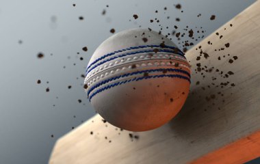 Tahta bir sopa - 3d rende karanlık bir izole arka plan üzerinde yayılan kir parçacıkları ile çarpıcı beyaz kriket topu aşırı closeup ağır çekim eylem yakalama