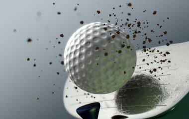 Bir aşırı closeup ağır çekim eylem yakalamak bir top bir karanlık izole arka plan - 3d rende kaynaklanan kir parçacıkları ile çarpıcı bir golf ahşap Kulübü
