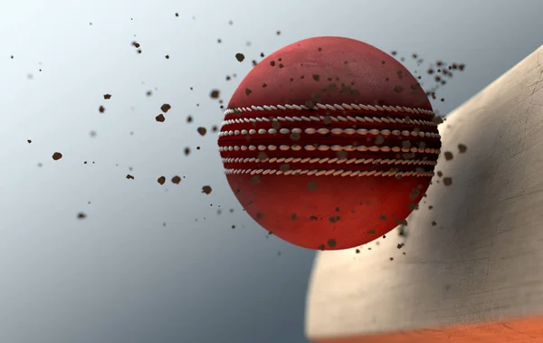 レンデ暗い隔離された背景に発せられる汚れ粒子で木製バットを印象的な赤のクリケット ボールの極端なクローズ アップ スローモーション アクション キャプチャ — ストック写真