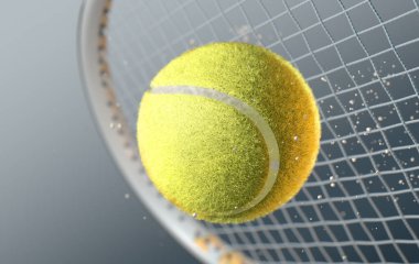 Bir aşırı closeup ağır çekim eylem yakalamak bir raket izole koyu arka plan - 3d rende üzerinde yayılan kir parçacıkları ile çarpıcı bir tenis topu