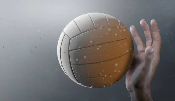 A closeup of a volley ball caught in slow motion flying through the air about to be hit by a dirty hand  - 3D render