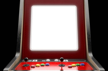 Bir portre bir vintage arcade oyun makinesi ile renkli bir izole arka plan - 3d render denetleyicilerinde boş bir ekran