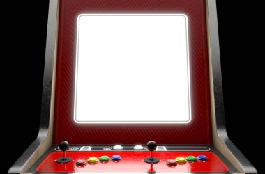 A closeup of a blank screen of a vintage arcade game machine with colorful controllers on an isolated background - 3D render clipart