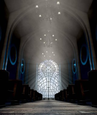 Bir haç - 3d render desende bir cam pencereden Penetran güneş ışınları tarafından karanlık bir büyük kilise iç yaktı