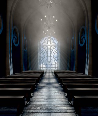 Bir haç - 3d render desende bir cam pencereden Penetran güneş ışınları tarafından karanlık bir büyük kilise iç yaktı