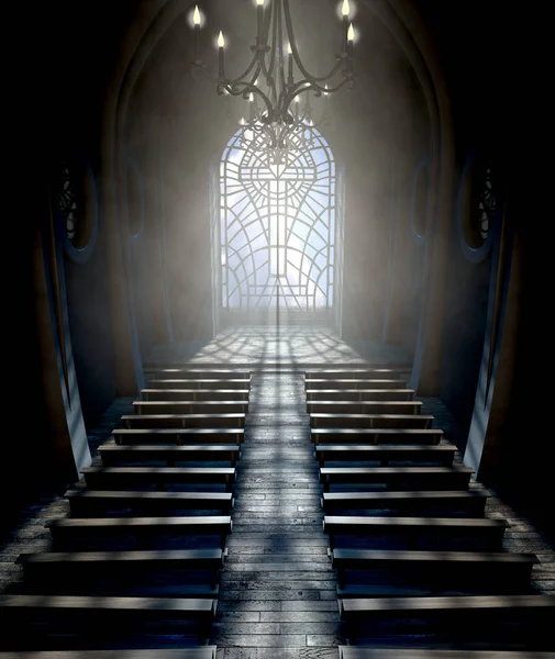 Intérieur Sombre Grande Église Éclairé Par Des Rayons Soleil Pénétrant — Photo