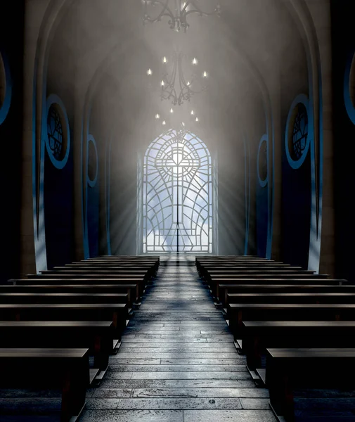 Dark Grand Church Interior Lit Suns Rays Penetrating Glass Window — Stock Photo, Image