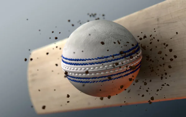 レンデ暗い隔離された背景に発せられる汚れ粒子で木製バットを印象的な白いクリケット ボールの極端なクローズ アップ スローモーション アクション キャプチャ — ストック写真