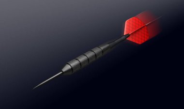 Havada uçan bir izole siyah arka plan - 3d render kırmızı bir uçuş ile tek bir metal dart