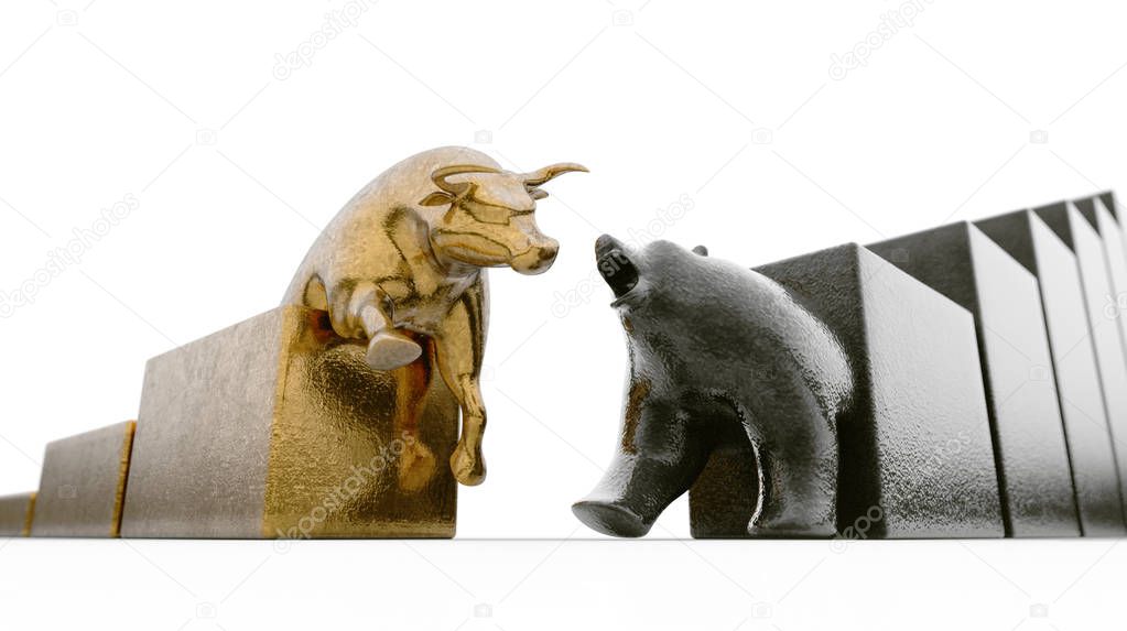 Bull and bear figurines trailing upward and downward trending graphs respectively converging on an isolated background - 3D render