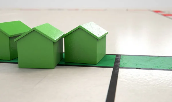 Een Close Van Groen Plastic Huis Pictogram Een Speelbord Render — Stockfoto