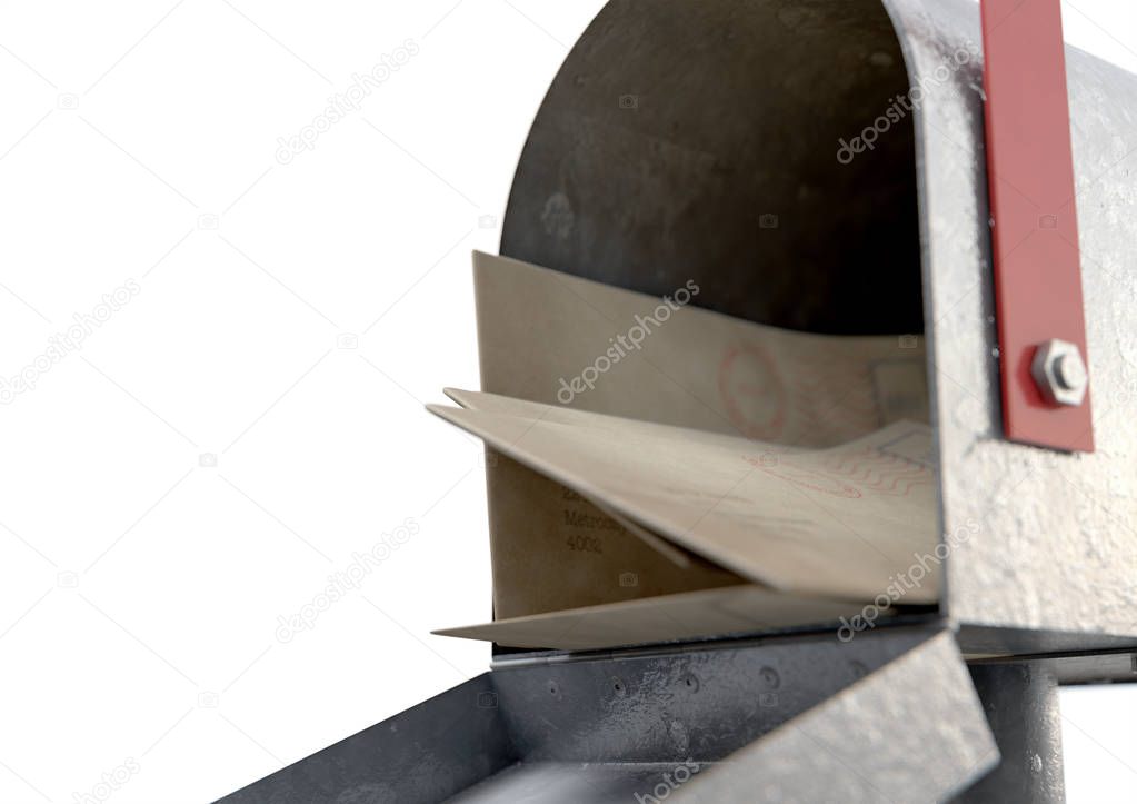 An open old school retro tin mailbox bulging with a stack of letters and envelopes crammed into it on an isolated background - 3D render