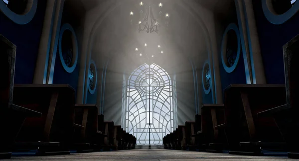 Interior Escuro Grande Igreja Iluminado Por Raios Sóis Que Penetram — Fotografia de Stock